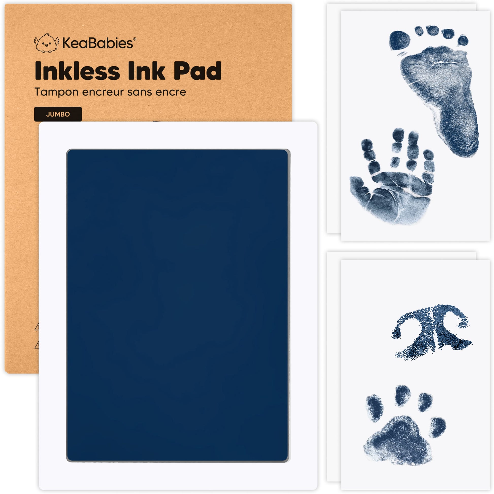KeaBabies jumbo blue inkless ink pad with imprint cards for mess-free baby hand, footprint, and pet paw print keepsakes. 27626721968314