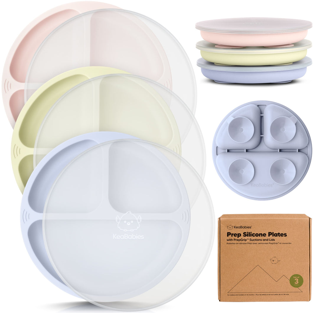 3-Pack Prep Silicone Suction Plates with Lids (Rain)