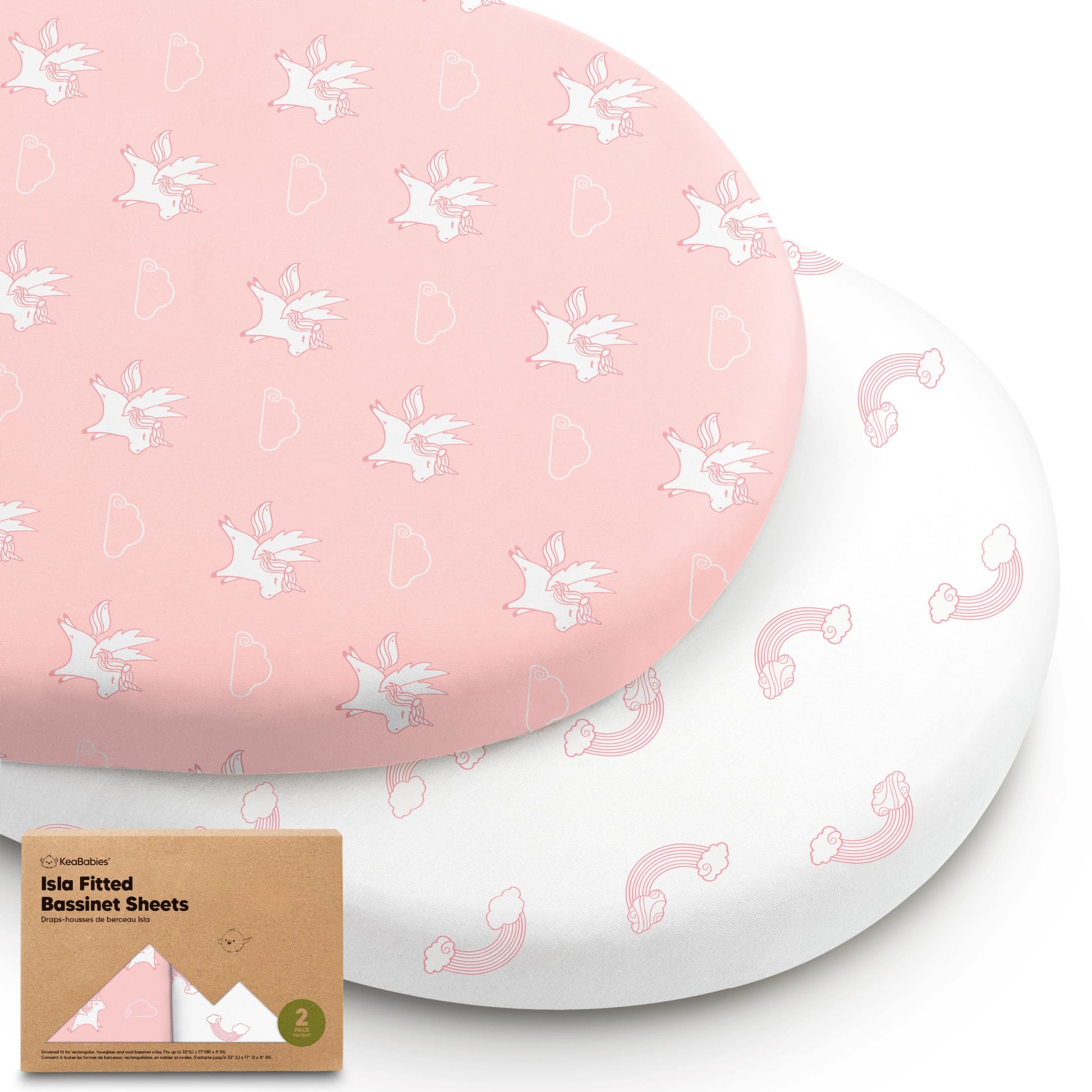 Two fitted bassinet sheets in pink unicorn and rainbow prints with packaging 28688404873402