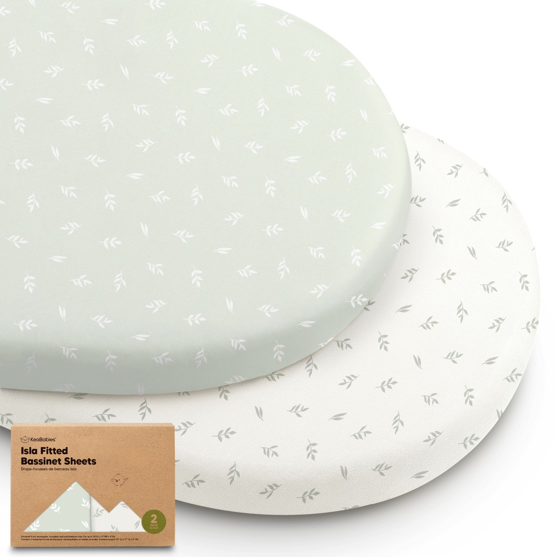 Two fitted bassinet sheets in soft green and neutral leaf prints with packaging 28688400679098