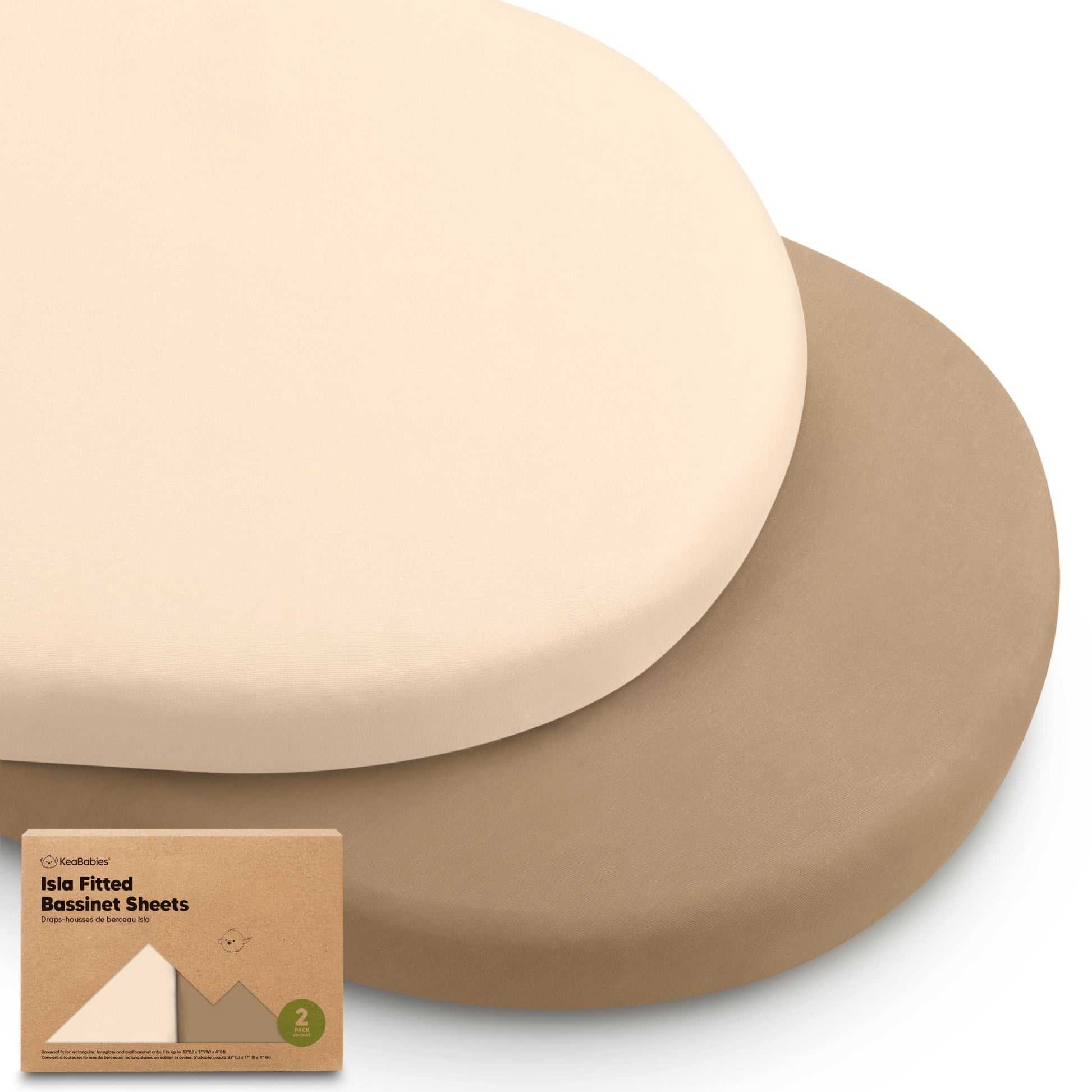 Two fitted bassinet sheets in solid cream and brown tones with packaging 28688423747770