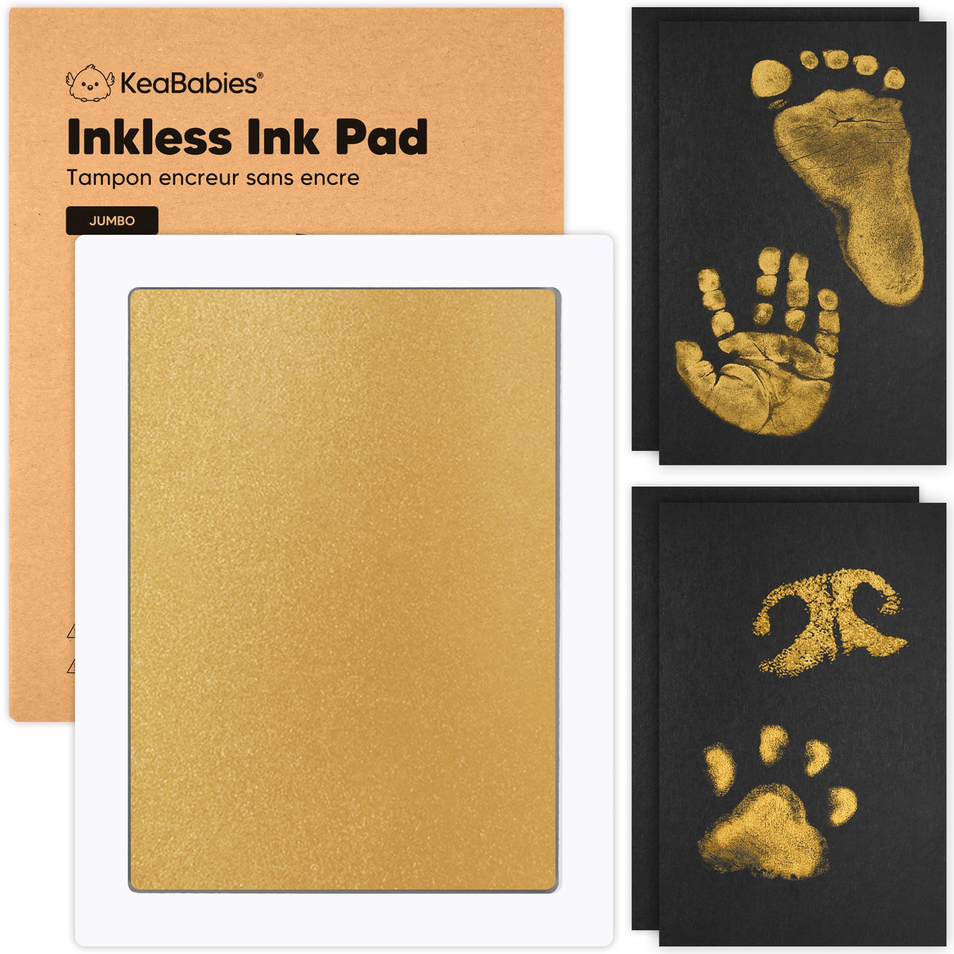 KeaBabies jumbo gold inkless ink pad with imprint cards for mess-free baby hand, footprint, and pet paw print keepsakes. 28339128729786