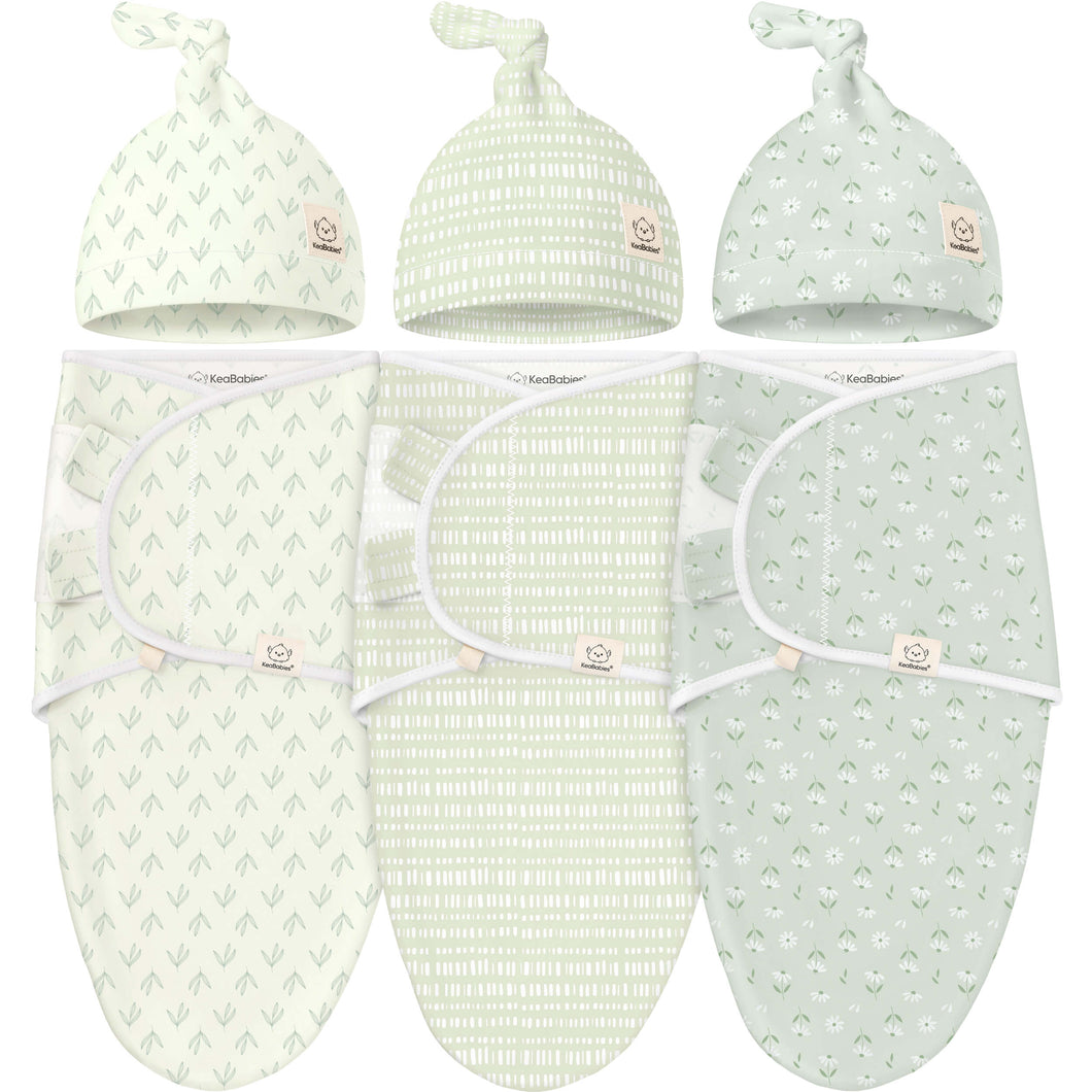3-Pack Soothe Swaddle Wraps with Knot Hats (Leafy)
