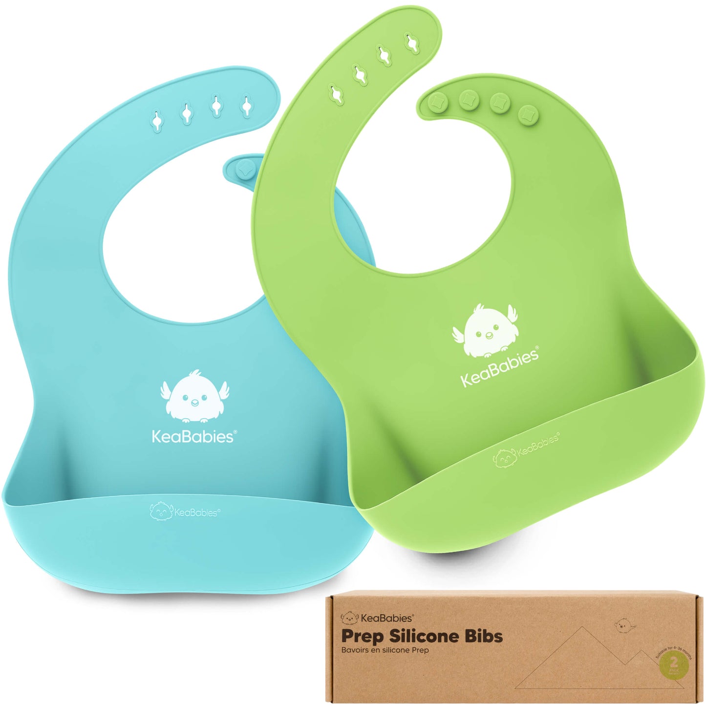 2-Pack Prep silicone bibs in soft colors designed.
 28825722355898