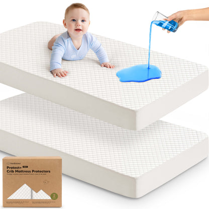 Protect waterproof crib mattress cover provides leakproof protection with a soft cotton surface.
