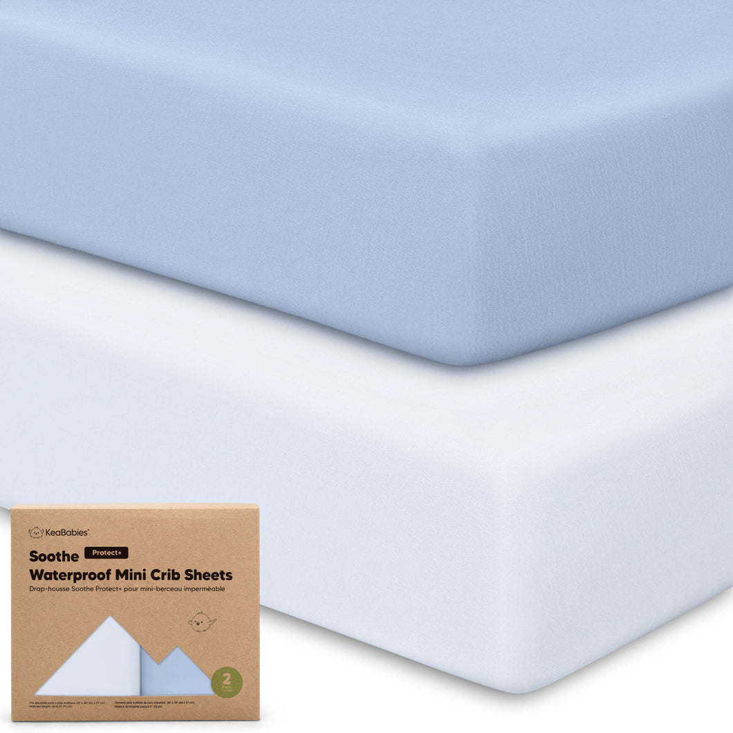 2-Pack Soothe [Protect+] Waterproof Mini Crib Sheets (Blue Flax)