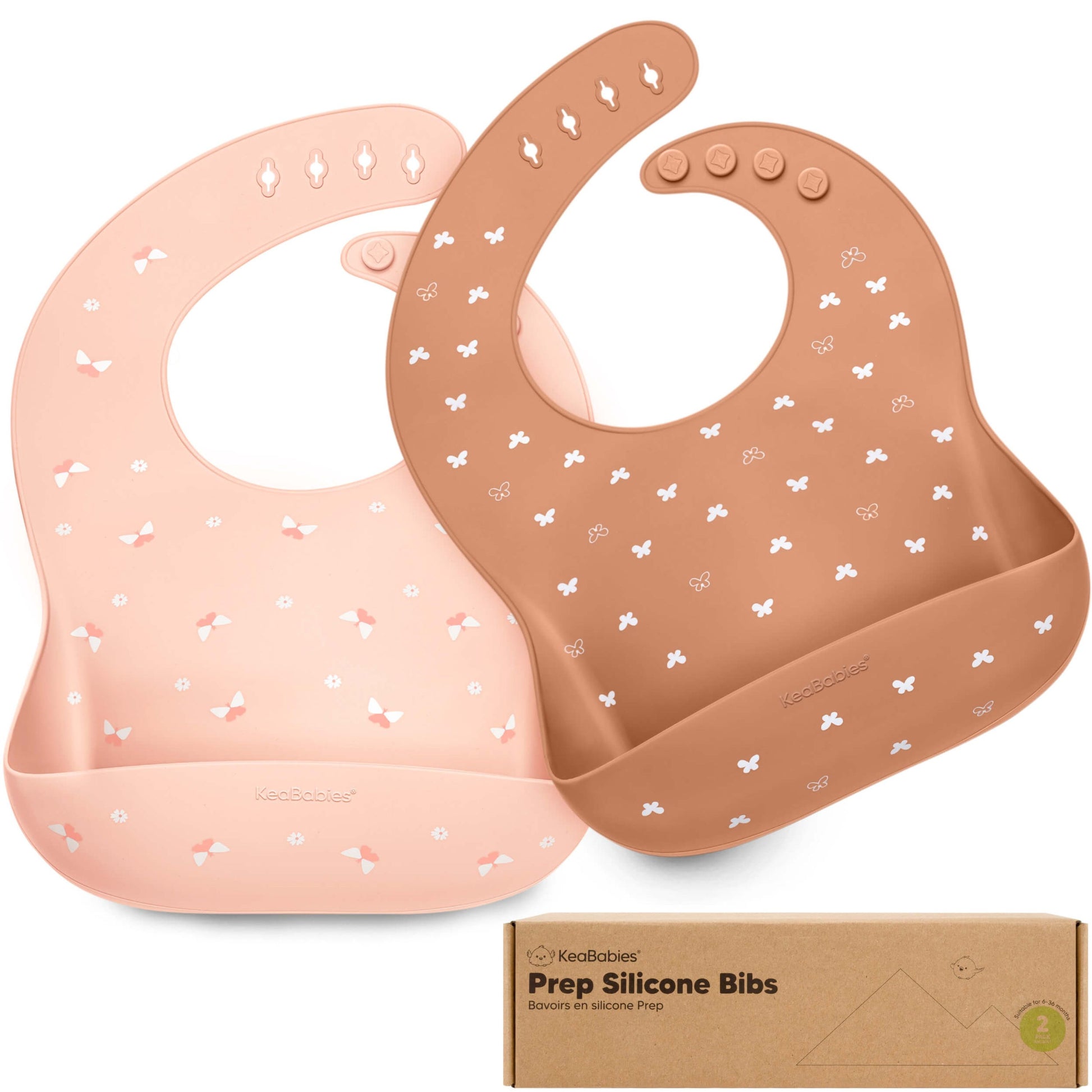 2-Pack Prep silicone bibs in soft colors designed.
 29839678963898