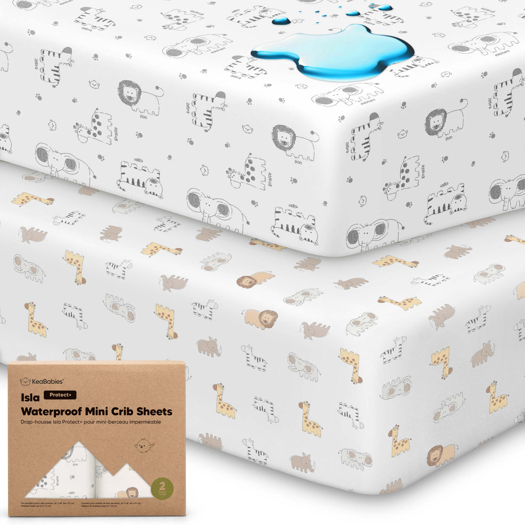 2-Pack Isla [Protect+] Waterproof Mini Crib Sheets (KeaSafari)