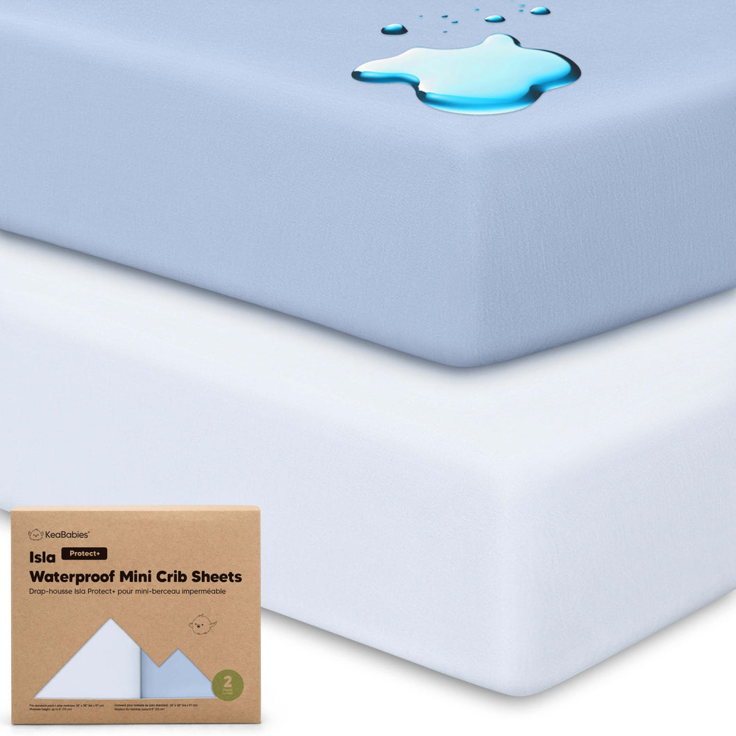 2-Pack Isla [Protect+] Waterproof Mini Crib Sheets (Blue Flax)