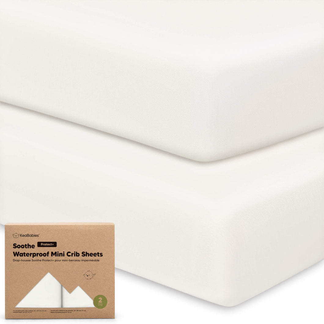 2-Pack Soothe [Protect+] Waterproof Mini Crib Sheets (Soft White)
