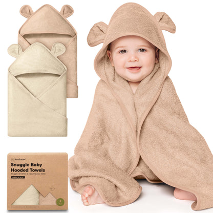 Snuggle baby hooded towels, 2-pack soft plush towels with bear-ear hoods.
