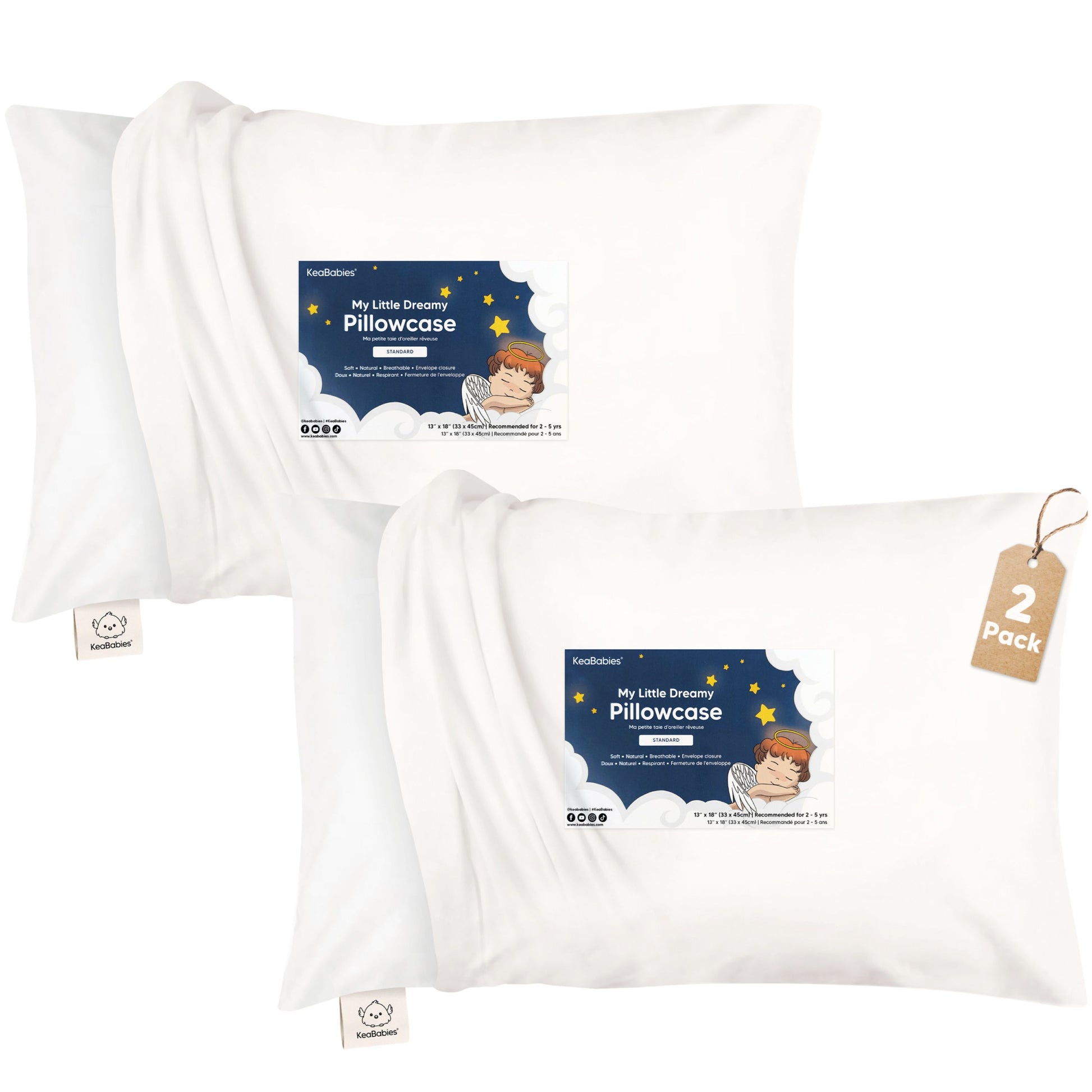 Set of two white toddler pillowcases designed for everyday comfort. 30804208058554
