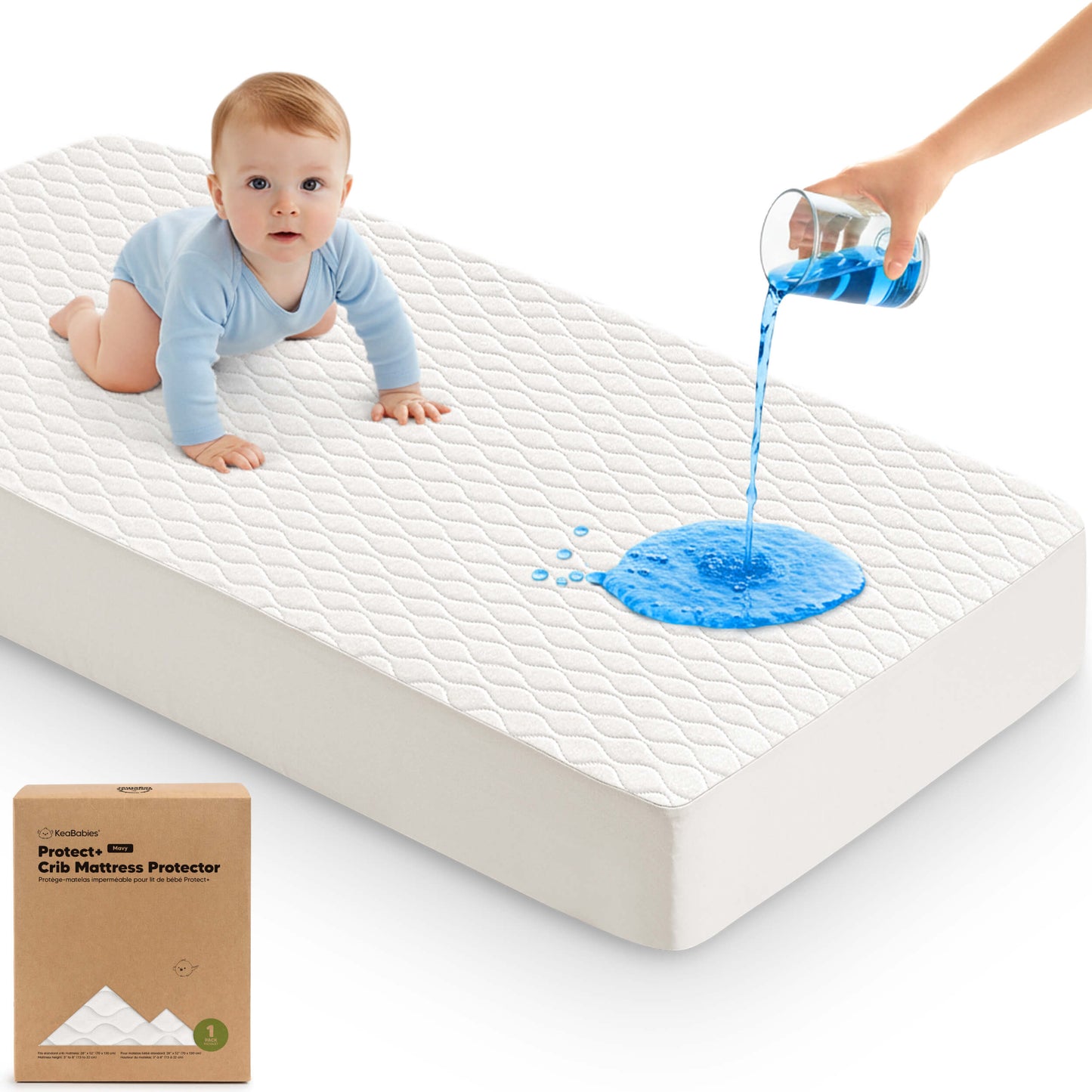 Waterproof crib mattress protector preventing spills and leaks for dry, protected baby sleep. 31213584908474