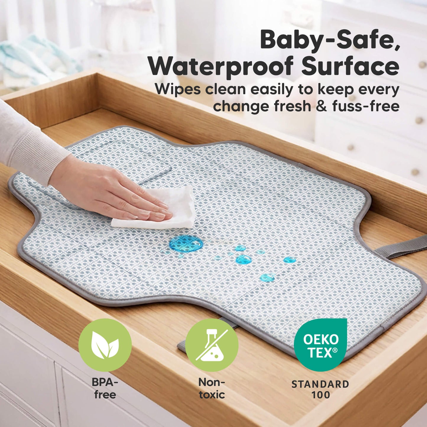 Baby-Safe, Waterproof Surface - Wipes clean easily to keep every change fresh & fuss-free (BPA-free, Non-toxic, and Oeko-Tex Standard) 31878355288250