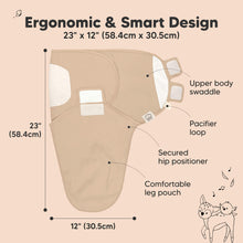 Load image into Gallery viewer, Ergonomic &amp; Smart Design - sized at 23inches long and 12inches wide (Upper body swaddle, Pacifier loop, Secured hip positioner, and Comfortable leg pouch)
