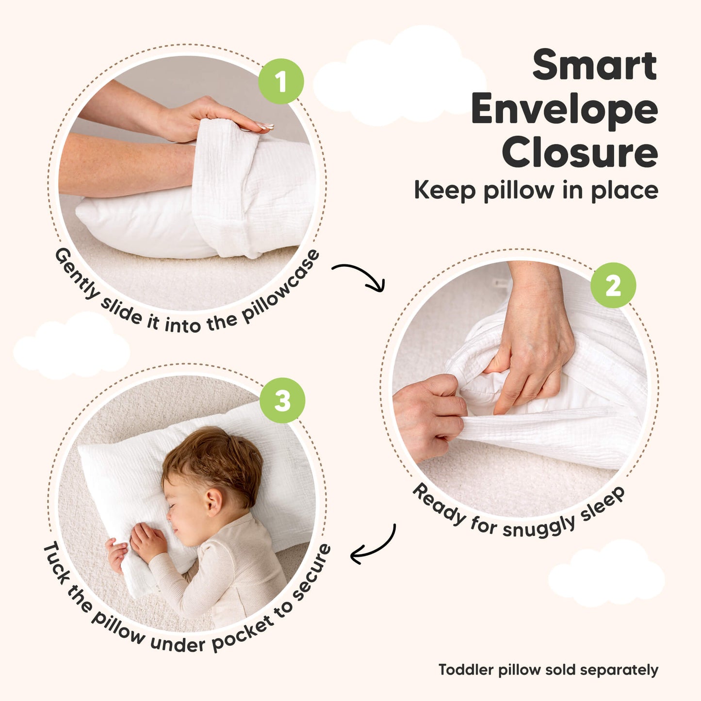 Smart Envelope Closure - Keep pillow in place 
1. Gently slide into the pillowcase 
2. Ready for snuggle sleep 
3. Tuck the pillow under  pocket to secure 
Toddler pillow sold separately 31853312049338