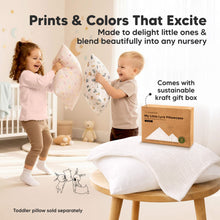 Load image into Gallery viewer, Prints &amp; Colors That Excite 
Made to delight little ones &amp; blend beautifully into any nursery 
Comes with sustainable kraft gift box 
Toddler pillow sold separately 
