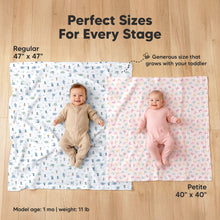 Load image into Gallery viewer, Perfect Sizes For Every Stage 
Generous size that grows with your toddler 
Regular 47"x47"
Petite 40"x40"

Model age: 1 month
Weight: 11 lb
