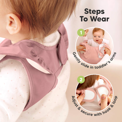 Steps To Wear 
1. Gently slide in toddler's arms
2. Adjust & secure with hook & loop  31781834391738