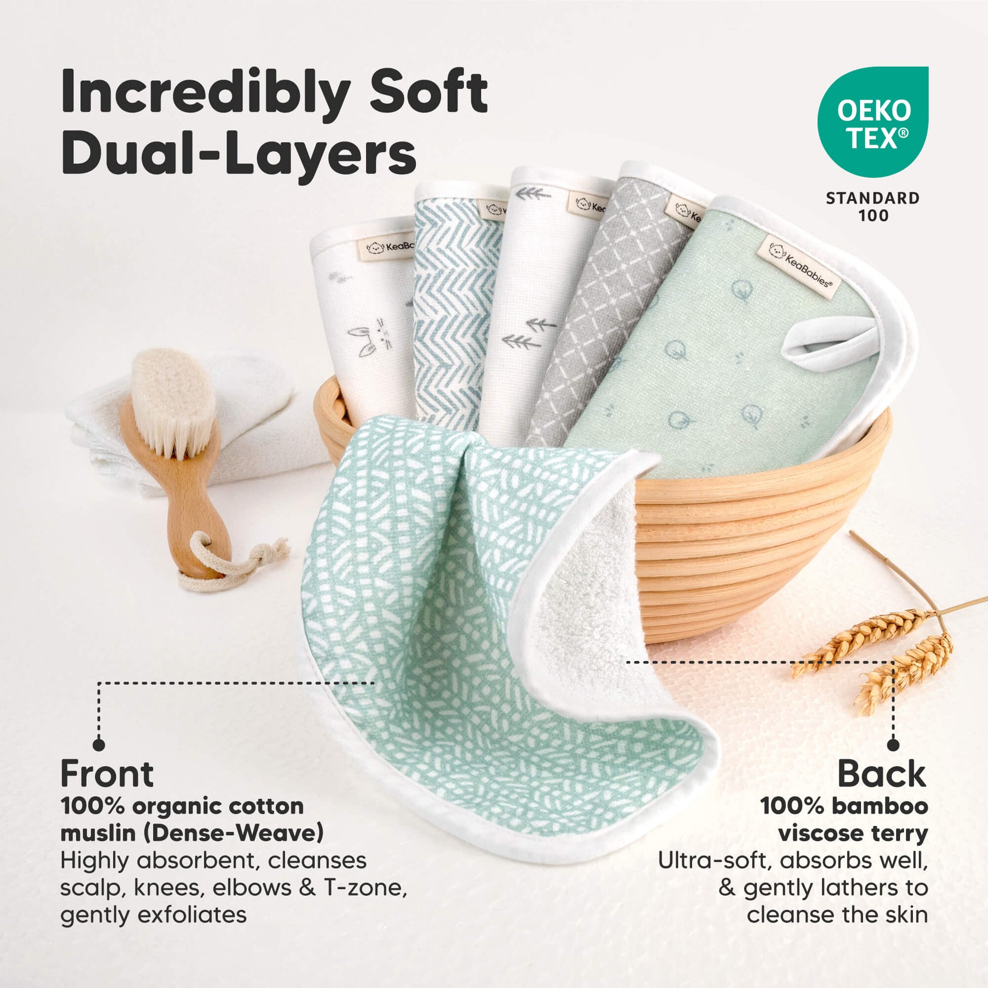 Incredibly Soft Dual-Layers
Front - 100% organic muslin (Dense-Weave
Back - 100% bamboo viscose terry 31834762182842