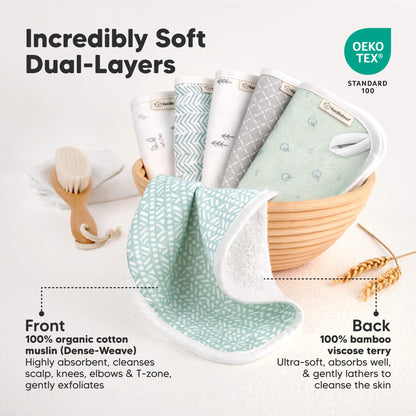 Incredibly Soft Dual-Layers
Front - 100% organic muslin (Dense-Weave
Back - 100% bamboo viscose terry 31834762182842