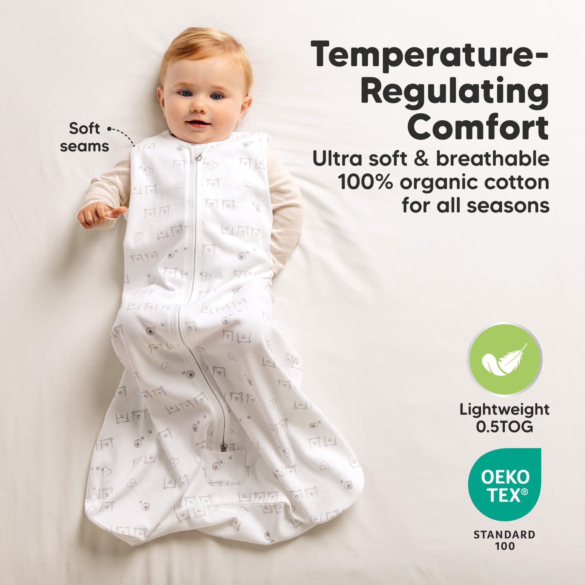Temperature-regulating comfort - ultra soft and breathable 100% organic cotton for all seasons
Lightweight 0.5TOG, OEKO TEX STANDARD 100 31971842621626