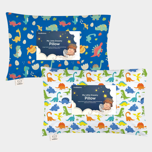 A set of two colorful toddler pillows with playful prints designed for comfort and everyday use.
