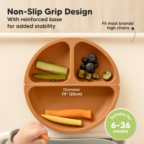 Non-Slip Grip Design with reinforced base for added stability, fits most brands’ high chairs, diameter 7.9 in (20 cm), suitable for 6–36 months.
