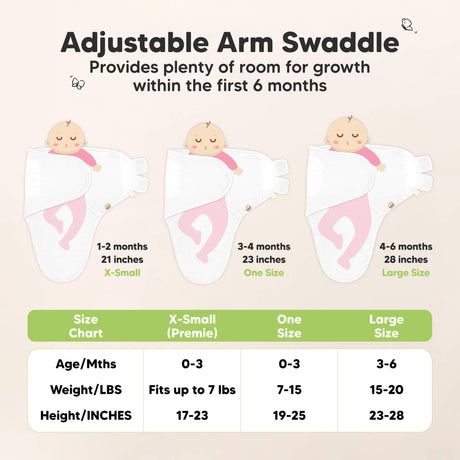 Adjustable Arm Swaddle provides plenty of room for growth within the first 6 months, with sizes for 0–3 months and 3–6 months based on baby’s weight and height.
