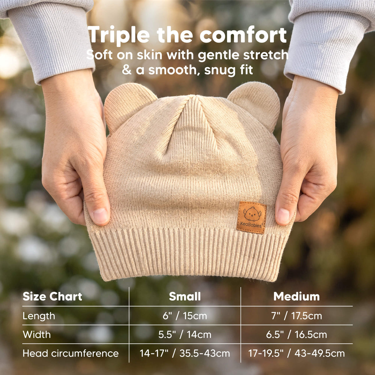 Triple the comfort - Soft on skin with gentle stretch and a smooth, snug fit. Size Chart: (Small: 6" (L) x 5.5"(W), can fit 14-17" head circumference.) (Medium: 7" (L) x 6.5"(W), can fit 17-19.5" head circumference.
 47045403902138