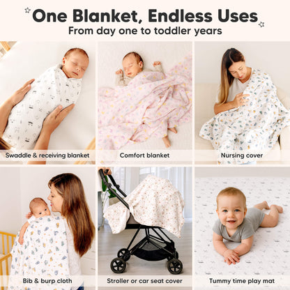 One Blanket, Endless Uses - From day one to toddler years. Can be used for Swaddle & receiving blanket, Comfort blanket, Nursing cover
Bib & burp cloth, Stroller or car seat cover, Tummy time play mat 32091773862074