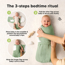 Load image into Gallery viewer, The 3-steps bedtime ritual - 1. Place baby in the swaddle &amp; position the hip positioner around baby's hips./ 2. Wrap the longer flap across baby's arm &amp; chest./ 3. Fold the other flap across baby &amp; secure with Hushly.
