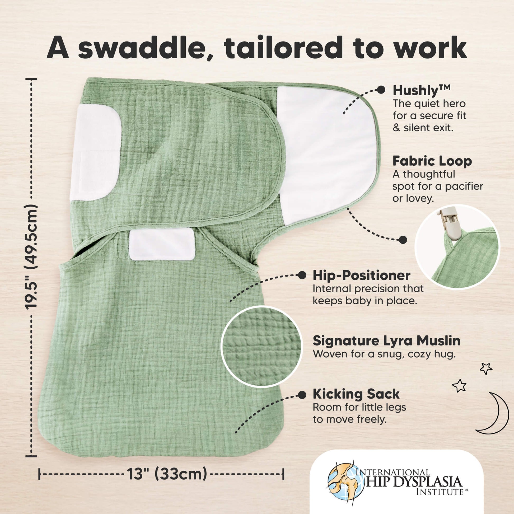 A swaddle, tailored to work - size at 19.5" x 13". (Hushly, Fabric Loop, Hip-Positioner, Signature Lyra Muslin, with Kicking Sack) 32539150188730