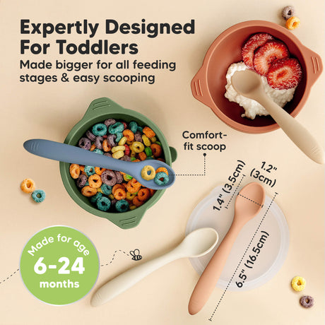 Expertly Designed For Toddlers, made bigger for all feeding stages and easy scooping, comfort fit scoop, suitable for 6–24 months, measures about 6.5 in (16.5 cm).