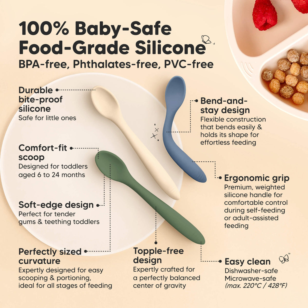 100% Baby-Safe Food-Grade Silicone
Durable bite-proof silicone, Comfort-fit scoop, Designed for toddlers
aged 6 to 24 months, Ergonomic grip
Soft-edge design, Perfect for tender
gums & teething toddlers, Easy Clean  46203619016890