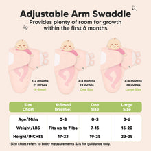Load image into Gallery viewer, Adjustable Arm Swaddle
Provides plenty of room for growth within the first 6 months

X-Small (Premie)
Age 0-3 Months
Weight in lbs - Fits up to lbs
Height in inches - 17 to 23

One Size
Age 0-3 Months
Weight in lbs - 7 to 15
Height in inches - 19 to 25

Large
Age 3-6 Months
Weight in lbs - 15 to 20
Height in inches - 23 to 28

*Size chart refers to baby measurements &amp; is for guidance only.
