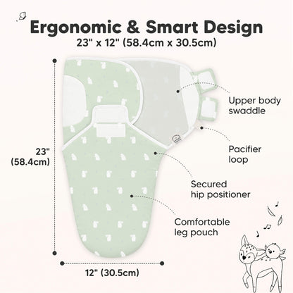 Ergonomic and Smart Design - sized at 23inches long and 12inches wide (Upper body swaddle, Pacifier loop, Secured hip positioner, and Comfortable leg pouch) 46191834529978