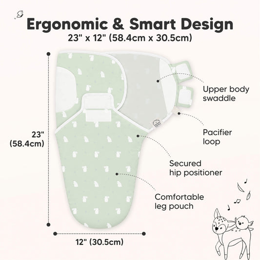 Ergonomic and Smart Design - sized at 23inches long and 12inches wide (Upper body swaddle, Pacifier loop, Secured hip positioner, and Comfortable leg pouch)-on-hover