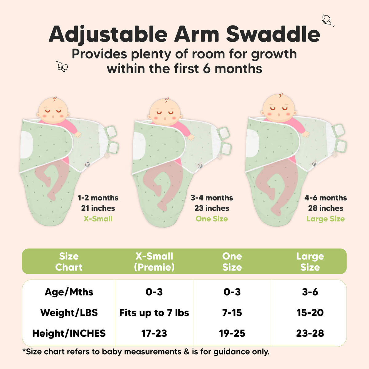 Adjustable Arm Swaddle - Provides plenty of room for growth within the first 6 months (1-2 months, 21 inches X-Small) (3-4 months, 23 inches One Size) (4-6 months, 28 inches Large Size) 46191834693818