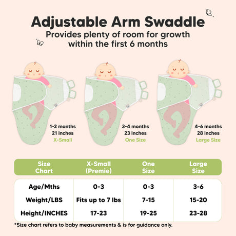 Adjustable Arm Swaddle - Provides plenty of room for growth within the first 6 months (1-2 months, 21 inches X-Small) (3-4 months, 23 inches One Size) (4-6 months, 28 inches Large Size)