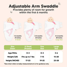Load image into Gallery viewer, Adjustable Arm Swaddle
Provides plenty of room for growth within the first 6 months

X-Small (Premie)
Age 0-3 Months
Weight in lbs - Fits up to lbs
Height in inches - 17 to 23

One Size
Age 0-3 Months
Weight in lbs - 7 to 15
Height in inches - 19 to 25

Large
Age 3-6 Months
Weight in lbs - 15 to 20
Height in inches - 23 to 28

*Size chart refers to baby measurements &amp; is for guidance only.
