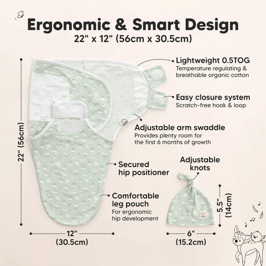 3-Pack Soothe Swaddle Wraps with Knot Hats (Leafy)