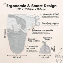 Load image into Gallery viewer, Ergonomic &amp; Smart Design - size at 22inches long x 12inches wide and knot hat size at 5.5inches long x 6inches wide (Lightweight 0.5TOG, Easy closure system, Adjustable arm swaddle, Secured hip positioner, Adjustable
knots, and Comfortable leg pouch)
