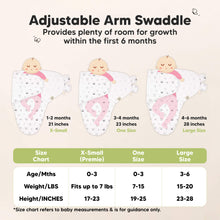 Load image into Gallery viewer, Adjustable Arm Swaddle
X-Small (Premie): 0-3 months, Fits up to 7 lbs, 17-23 inches in height. One Size: 0-3 months, Fits 7-15 lbs, 19-25 inches in height, Large Size: 3-6 months, 15-24 lbs, 23-28 inches in height

Size chart refers to baby measurements &amp; is for guidance only.
