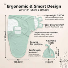 Load image into Gallery viewer, Ergonomic &amp; Smart Design with dimension 22" x 12" (56cm x 30.5cm).  Lightweight 0.5TOG, Temperature regulating &amp; breathable organic cotton, Easy closure system -Scratch-free hook &amp; loop, Adjustable arm swaddle, Secured hip positioner, comfortable leg pouch - For ergonomic hip development
Hats - with adjustable knots
