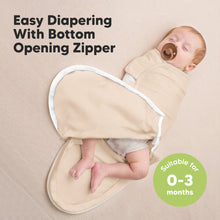 Load image into Gallery viewer, Baby swaddled in a beige wrap with text about easy diapering and size suitability.
