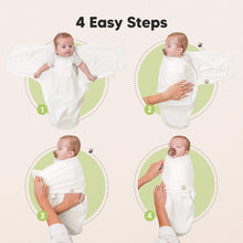 Load image into Gallery viewer, Step-by-step guide on how to wrap a baby in a white swaddle, with text '4 Easy Steps' at the top.
