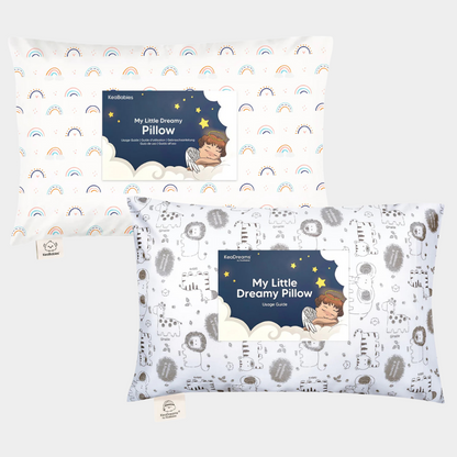 A set of two colorful toddler pillows with playful prints designed for comfort and everyday use.
 29459072319674
