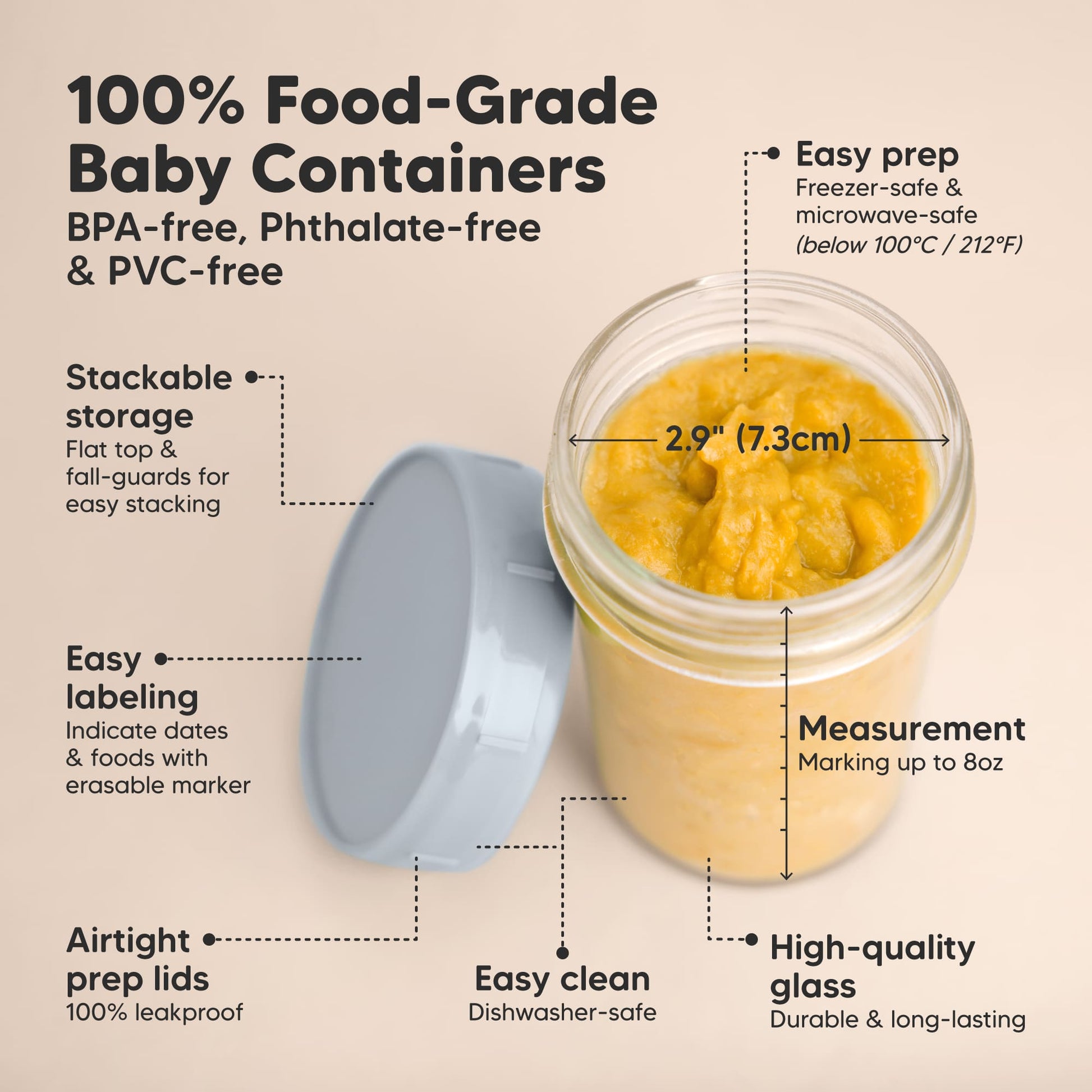 100% Food-Grade Baby Containers, BPA-free, phthalate-free, and PVC-free with stackable storage, airtight prep lids, easy labeling, measurement markings up to 8 oz, and size about 2.9 in (7.3 cm).
 28105179005114