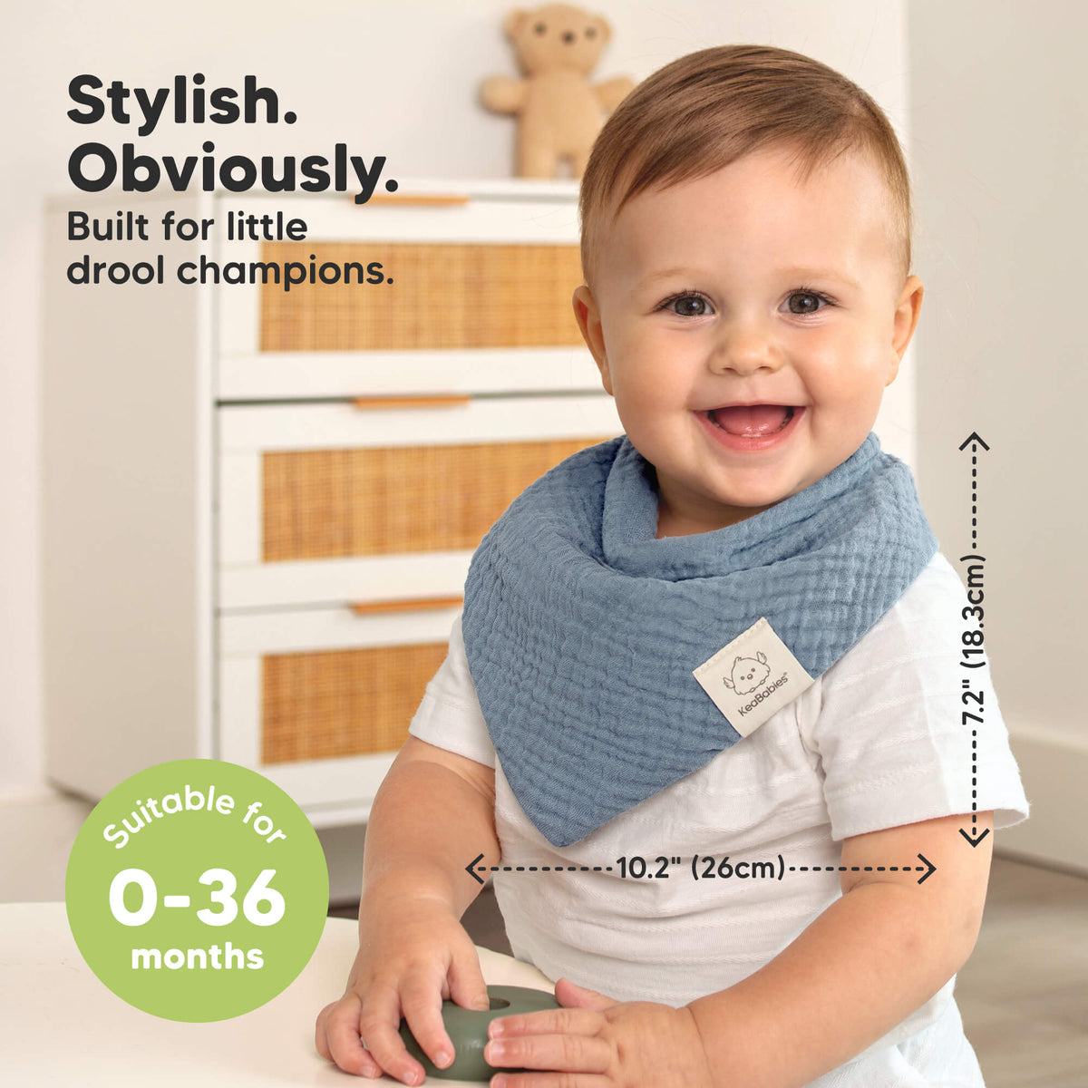Stylish. Obviously. - Built for little drool champions. Size at 10.2"x7.2". Suitable for 0-36 months. 46190328185018